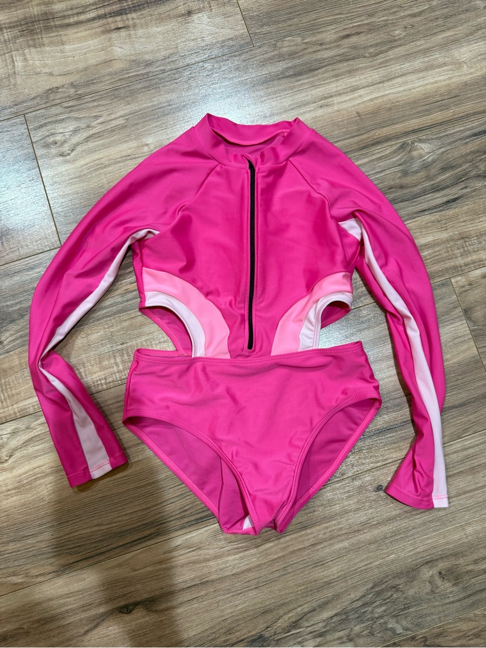 SHEIN Hot Pink Long-Sleeve Cutout One-Piece Swimsuit